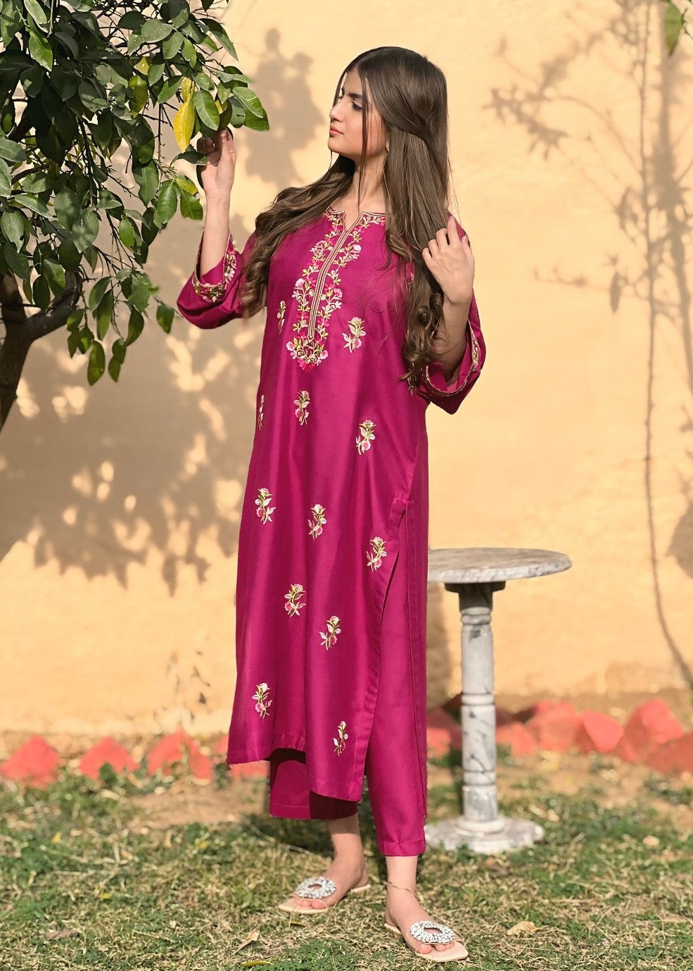 Rosebud Embroidered 2pcs - plum - 2 pcs - Chaudhary Arts