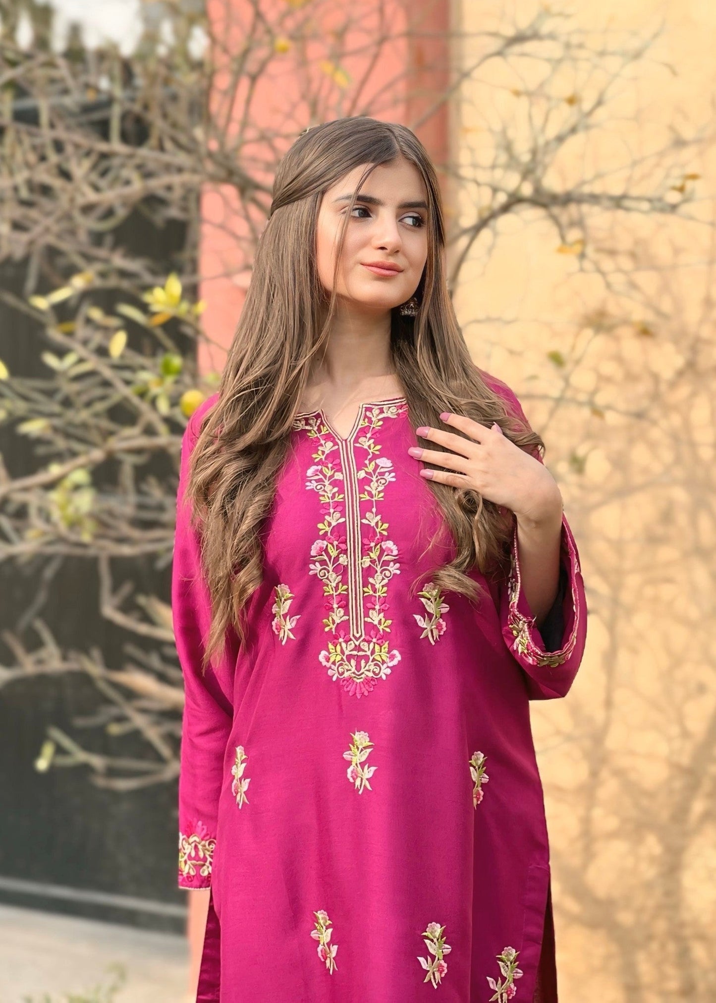 Rosebud Embroidered 2pcs - plum - 2 pcs - Chaudhary Arts