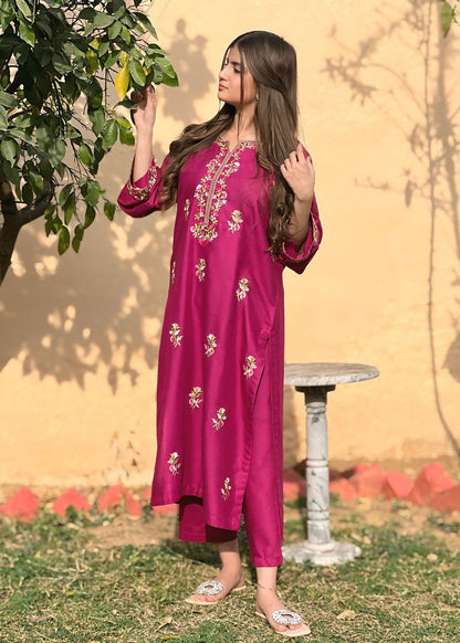 Rosebud Embroidered 2pcs - plum - 2 pcs - Chaudhary Arts