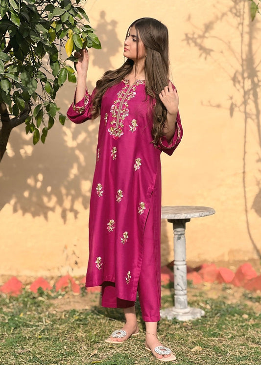 Rosebud Embroidered 2pcs - plum - 2 pcs - Chaudhary Arts